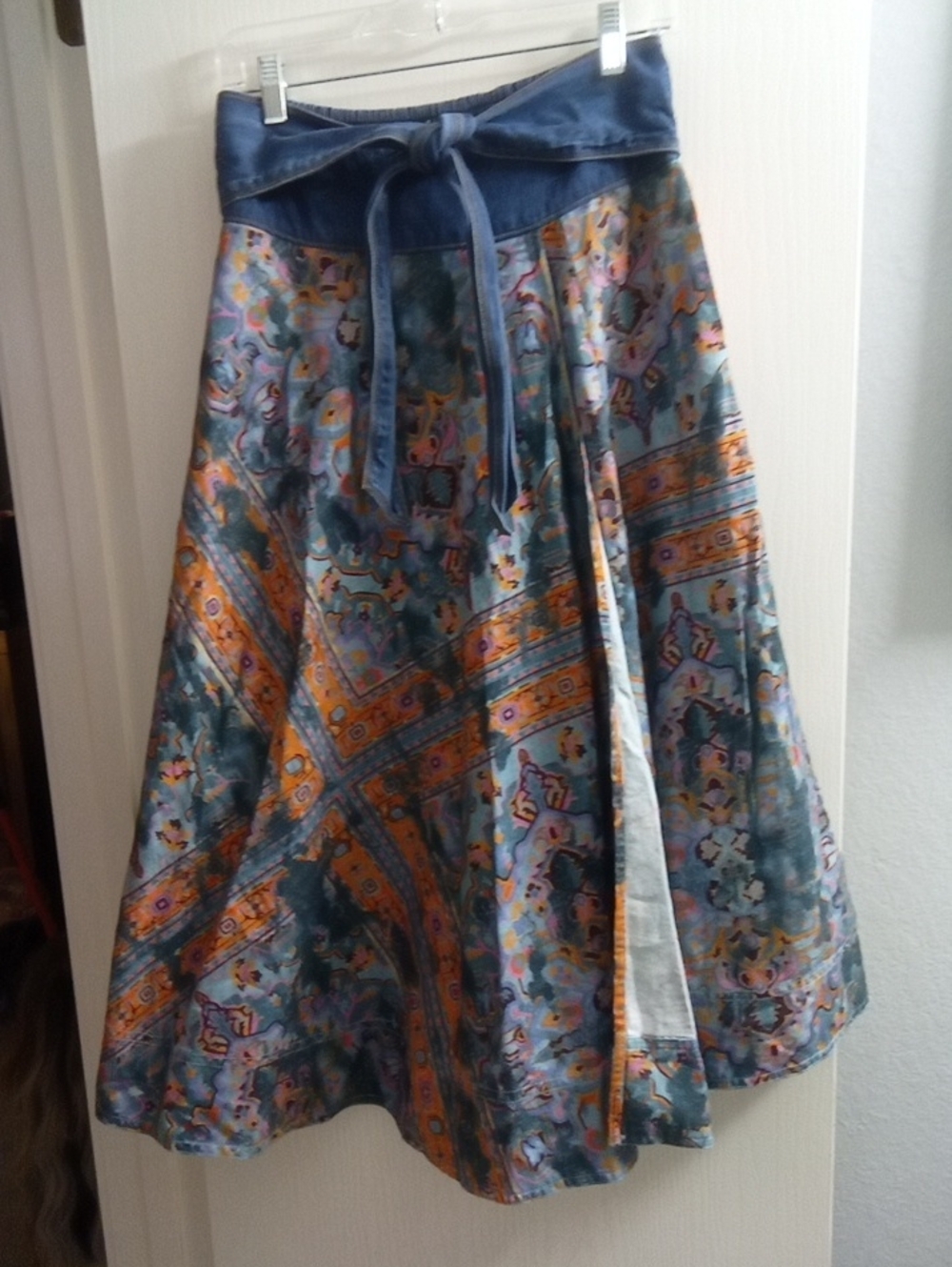 Pilcro Teal and Orange Boho A-Line Skirt with Tie Waist
